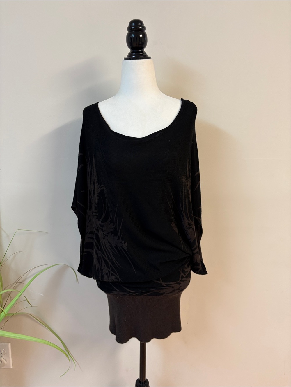 Urban Behavior Black Batwing Mini Dress with Subtle Dark Print size s